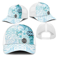 Samoa Siapo Pattern With Teal Hibiscus Mesh Trucker Cap - Polynesian Pride