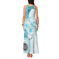 Samoa Siapo Pattern With Teal Hibiscus Tank Maxi Dress LT05 - Polynesian Pride