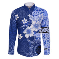 Samoa Siapo Pattern With Navy Hibiscus Family Matching Off Shoulder Short Dress and Hawaiian Shirt LT05 Dad's Shirt - Long Sleeve Navy - Polynesian Pride