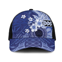 Samoa Siapo Pattern With Navy Hibiscus Mesh Trucker Cap - Polynesian Pride