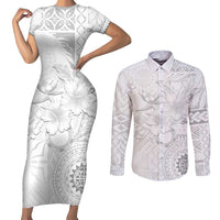 Samoa Siapo Pattern With White Hibiscus Couples Matching Short Sleeve Bodycon Dress and Long Sleeve Button Shirt LT05