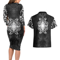 New Zealand Matariki Couples Matching Long Sleeve Bodycon Dress and Hawaiian Shirt Maori Moko Black Galaxy