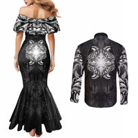 New Zealand Matariki Couples Matching Mermaid Dress and Long Sleeve Button Shirt Maori Moko Black Galaxy