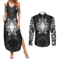 New Zealand Matariki Couples Matching Summer Maxi Dress and Long Sleeve Button Shirt Maori Moko Black Galaxy