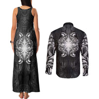 New Zealand Matariki Couples Matching Tank Maxi Dress and Long Sleeve Button Shirt Maori Moko Black Galaxy