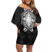 New Zealand Matariki Family Matching Off Shoulder Short Dress and Hawaiian Shirt Maori Moko Black Galaxy