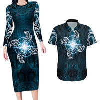 New Zealand Matariki Waita Couples Matching Long Sleeve Bodycon Dress and Hawaiian Shirt Maori Moko Dark Blue Galaxy