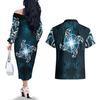 New Zealand Matariki Waita Couples Matching Off The Shoulder Long Sleeve Dress and Hawaiian Shirt Maori Moko Dark Blue Galaxy LT05 - Polynesian Pride