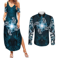 New Zealand Matariki Waita Couples Matching Summer Maxi Dress and Long Sleeve Button Shirt Maori Moko Dark Blue Galaxy
