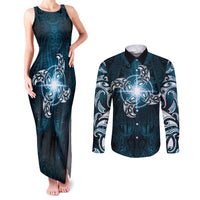 New Zealand Matariki Waita Couples Matching Tank Maxi Dress and Long Sleeve Button Shirt Maori Moko Dark Blue Galaxy