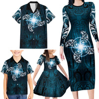 New Zealand Matariki Waita Family Matching Long Sleeve Bodycon Dress and Hawaiian Shirt Maori Moko Dark Blue Galaxy