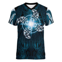 New Zealand Matariki Waita Women V-Neck T-Shirt Maori Moko Dark Blue Galaxy