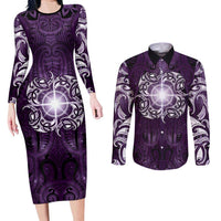 New Zealand Matariki Waipunarangi Couples Matching Long Sleeve Bodycon Dress and Long Sleeve Button Shirt Maori Moko Purple Galaxy