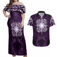 New Zealand Matariki Waipunarangi Couples Matching Off Shoulder Maxi Dress and Hawaiian Shirt Maori Moko Purple Galaxy
