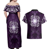 New Zealand Matariki Waipunarangi Couples Matching Off Shoulder Maxi Dress and Hawaiian Shirt Maori Moko Purple Galaxy