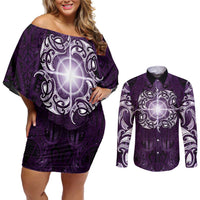 New Zealand Matariki Waipunarangi Couples Matching Off Shoulder Short Dress and Long Sleeve Button Shirt Maori Moko Purple Galaxy