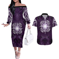 New Zealand Matariki Waipunarangi Couples Matching Off The Shoulder Long Sleeve Dress and Hawaiian Shirt Maori Moko Purple Galaxy