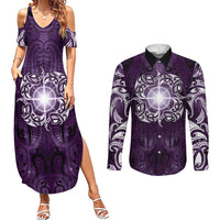 New Zealand Matariki Waipunarangi Couples Matching Summer Maxi Dress and Long Sleeve Button Shirt Maori Moko Purple Galaxy