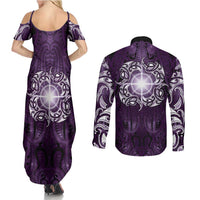 New Zealand Matariki Waipunarangi Couples Matching Summer Maxi Dress and Long Sleeve Button Shirt Maori Moko Purple Galaxy