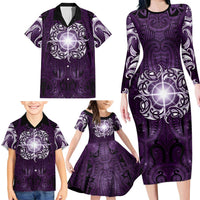 New Zealand Matariki Waipunarangi Family Matching Long Sleeve Bodycon Dress and Hawaiian Shirt Maori Moko Purple Galaxy