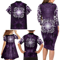 New Zealand Matariki Waipunarangi Family Matching Long Sleeve Bodycon Dress and Hawaiian Shirt Maori Moko Purple Galaxy