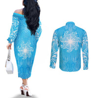 New Zealand Matariki Waiti Couples Matching Off The Shoulder Long Sleeve Dress and Long Sleeve Button Shirt Maori Moko Cyan Galaxy