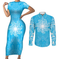 New Zealand Matariki Waiti Couples Matching Short Sleeve Bodycon Dress and Long Sleeve Button Shirt Maori Moko Cyan Galaxy LT05 Cyan - Polynesian Pride