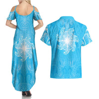 New Zealand Matariki Waiti Couples Matching Summer Maxi Dress and Hawaiian Shirt Maori Moko Cyan Galaxy