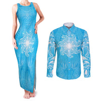 New Zealand Matariki Waiti Couples Matching Tank Maxi Dress and Long Sleeve Button Shirt Maori Moko Cyan Galaxy