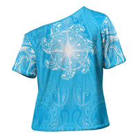 New Zealand Matariki Waiti Cross Shoulder Shirt Maori Moko Cyan Galaxy LT05 - Polynesian Pride
