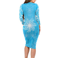 New Zealand Matariki Waiti Family Matching Long Sleeve Bodycon Dress and Hawaiian Shirt Maori Moko Cyan Galaxy