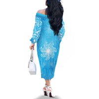 New Zealand Matariki Waiti Family Matching Off The Shoulder Long Sleeve Dress and Hawaiian Shirt Maori Moko Cyan Galaxy
