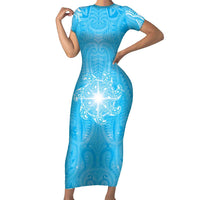 New Zealand Matariki Waiti Family Matching Short Sleeve Bodycon Dress and Hawaiian Shirt Maori Moko Cyan Galaxy
