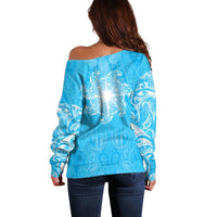 New Zealand Matariki Waiti Off Shoulder Sweater Maori Moko Cyan Galaxy