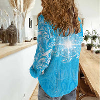 New Zealand Matariki Waiti Women Casual Shirt Maori Moko Cyan Galaxy