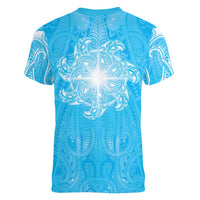 New Zealand Matariki Waiti Women V-Neck T-Shirt Maori Moko Cyan Galaxy