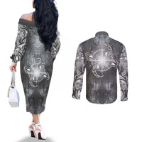 New Zealand Matariki Ururangi Couples Matching Off The Shoulder Long Sleeve Dress and Long Sleeve Button Shirt Maori Moko Grey Galaxy