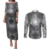 New Zealand Matariki Ururangi Couples Matching Puletasi and Long Sleeve Button Shirt Maori Moko Grey Galaxy