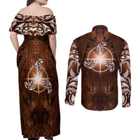 New Zealand Matariki Tupuanuku Couples Matching Off Shoulder Maxi Dress and Long Sleeve Button Shirt Maori Moko Brown Galaxy