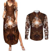 New Zealand Matariki Tupuanuku Couples Matching Summer Maxi Dress and Long Sleeve Button Shirt Maori Moko Brown Galaxy