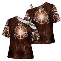 New Zealand Matariki Tupuanuku Cross Shoulder Shirt Maori Moko Brown Galaxy