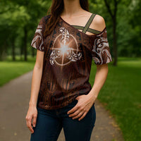 New Zealand Matariki Tupuanuku Cross Shoulder Shirt Maori Moko Brown Galaxy