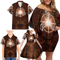 New Zealand Matariki Tupuanuku Family Matching Off Shoulder Short Dress and Hawaiian Shirt Maori Moko Brown Galaxy LT05 - Polynesian Pride