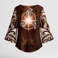 New Zealand Matariki Tupuanuku Kimono Sleeve Blouse Maori Moko Brown Galaxy