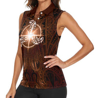 New Zealand Matariki Tupuanuku Women Sleeveless Polo Shirt Maori Moko Brown Galaxy