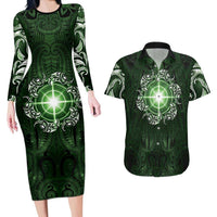 New Zealand Matariki Tupuarangi Couples Matching Long Sleeve Bodycon Dress and Hawaiian Shirt Maori Moko Green Galaxy
