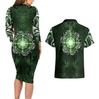 New Zealand Matariki Tupuarangi Couples Matching Long Sleeve Bodycon Dress and Hawaiian Shirt Maori Moko Green Galaxy