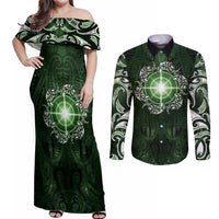 New Zealand Matariki Tupuarangi Couples Matching Off Shoulder Maxi Dress and Long Sleeve Button Shirt Maori Moko Green Galaxy LT05 Green - Polynesian Pride