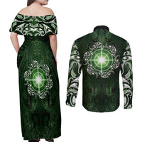 New Zealand Matariki Tupuarangi Couples Matching Off Shoulder Maxi Dress and Long Sleeve Button Shirt Maori Moko Green Galaxy LT05 - Polynesian Pride