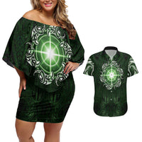 New Zealand Matariki Tupuarangi Couples Matching Off Shoulder Short Dress and Hawaiian Shirt Maori Moko Green Galaxy